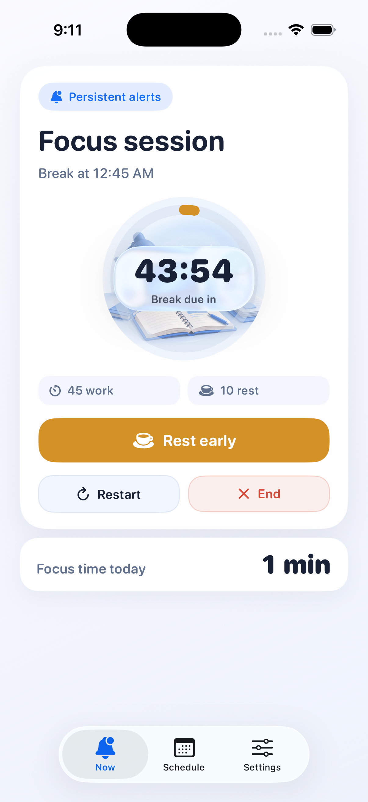 Up Yet Now screen showing an active work session, break timer, and session actions.