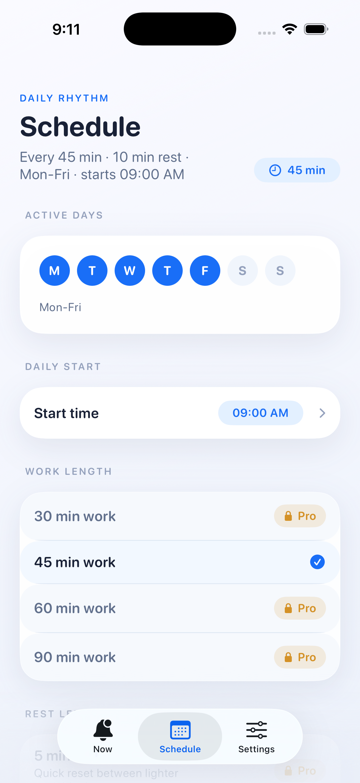 Up Yet Schedule screen showing weekday rhythm, start time, and work length options.
